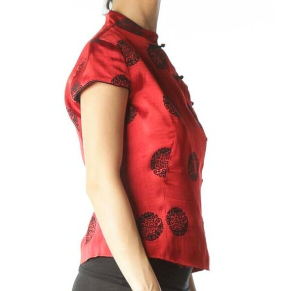 SINO London Red Black Shiny Silk Jacquard Knit Qipao Top - Picture 2 of 3